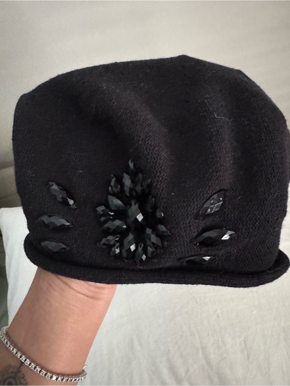 Funny Hats Co. Black 100% Cotton Crystal Embellished Slouchy Beanie Beret